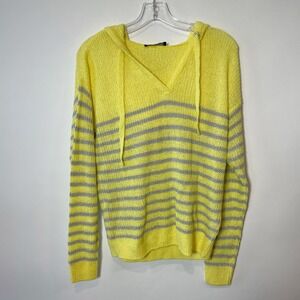 Jean Pascale Hoodie Pullover Sweater Womens S Yellow Striped Ribbed Knit NEW